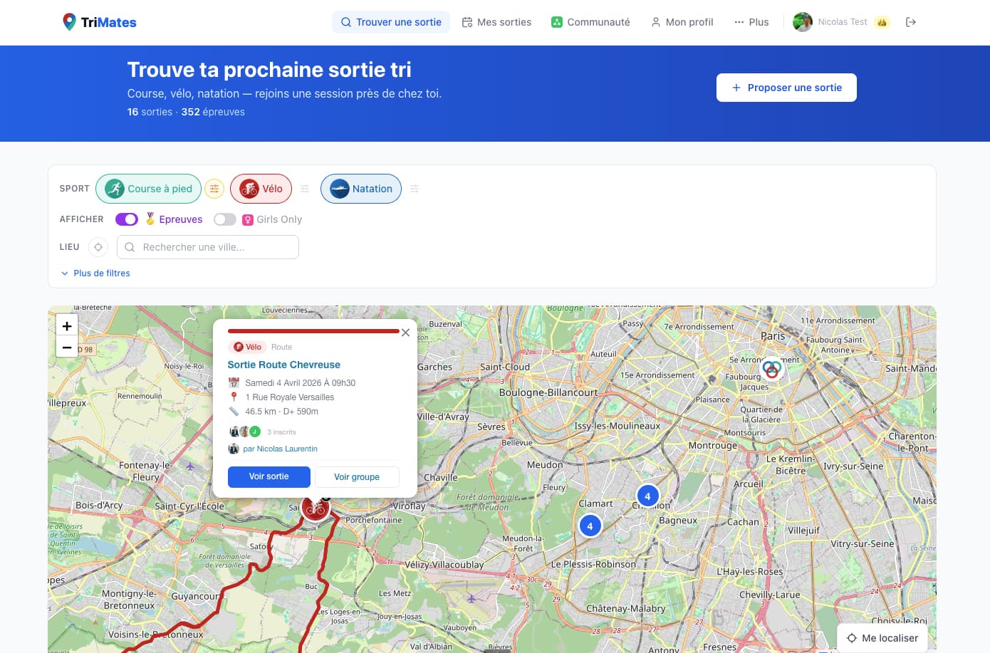 Screenshot of TriMates on desktop: the map of sessions