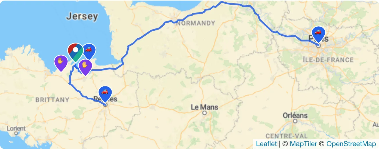 Carte du covoiturage d'une épreuve sur TriMates : trajets proposés jusqu'au départ et recherches de place